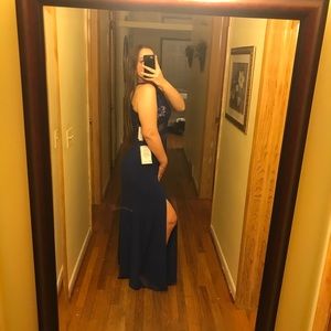 Royal blue prom dress with lace top
